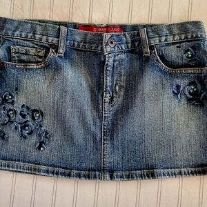 GUESS Denim Mini Skirt with Navy Floral Embroidery